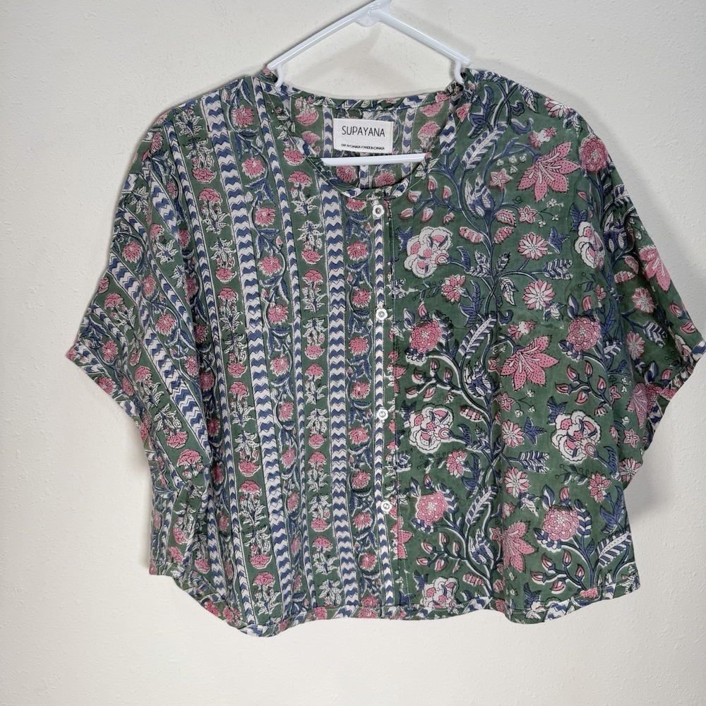 SUPAYANA Top Womens Button Up Cotton Floral Made In Canada Lagenlook Cottage